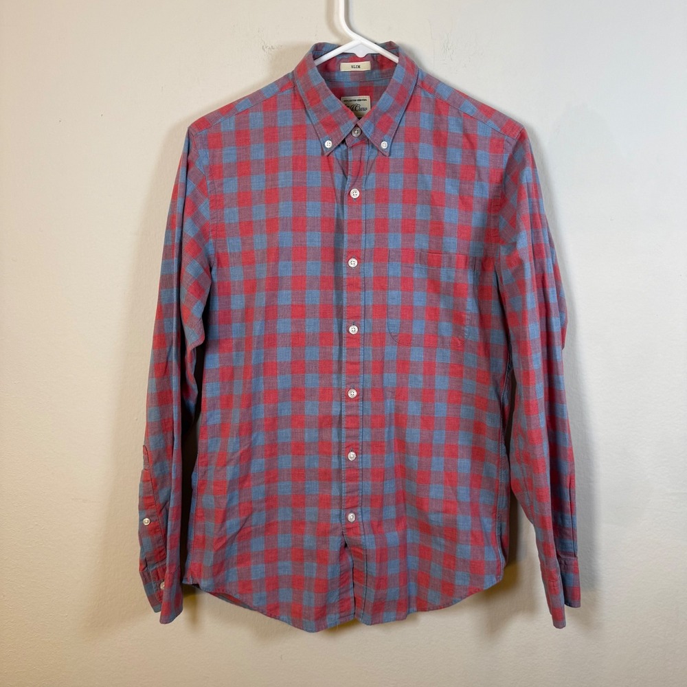 J.Crew Slim Fit Button Down Shirt Mens Small Red Blue Buffalo Check‎ Cotton